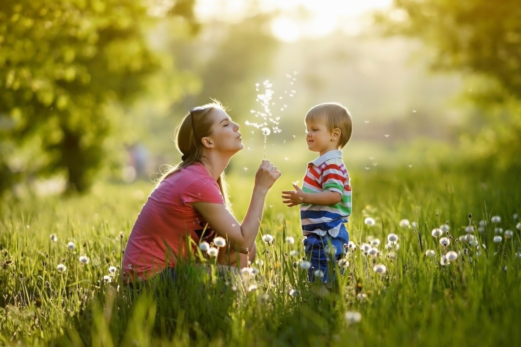 Mom and son blowing dandelions in sunny field.